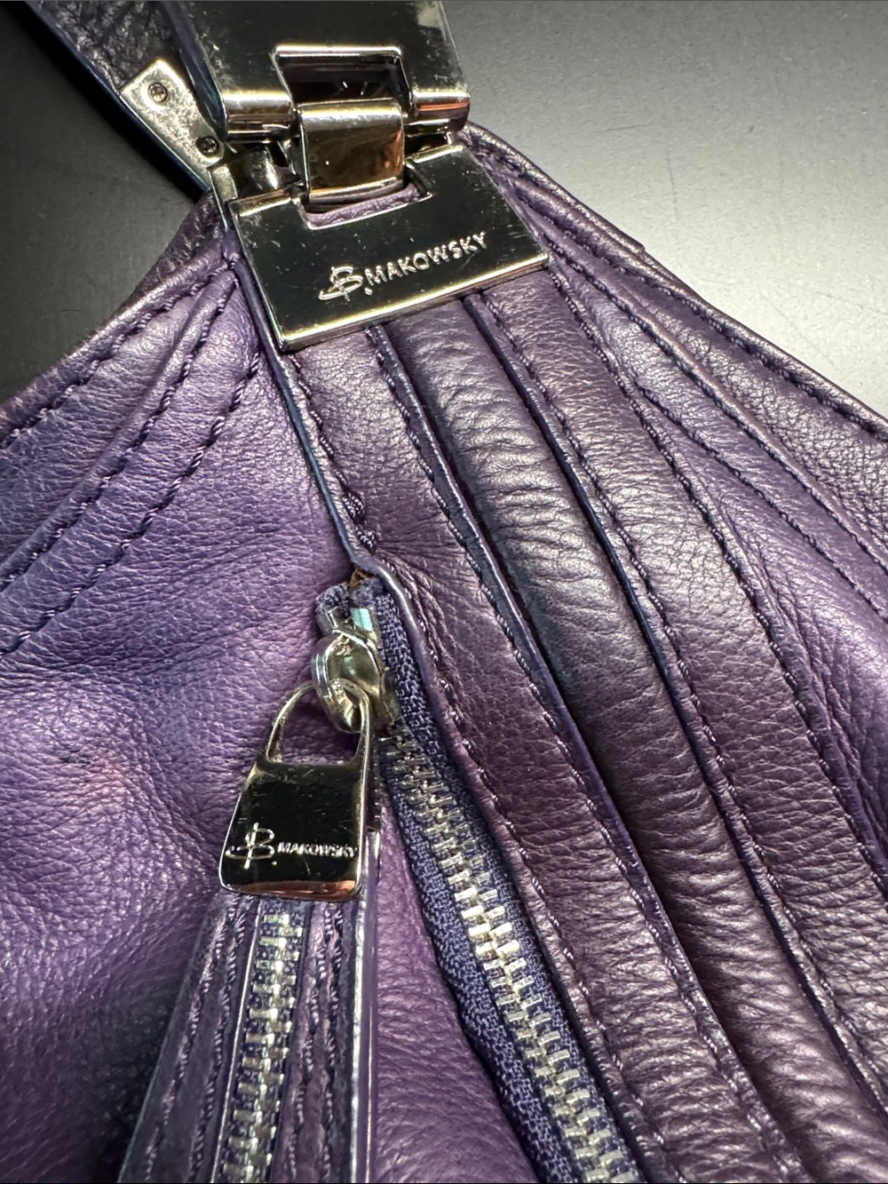 B. Makowsky Purple Leather Hobo Hag - Picture 2 of 7
